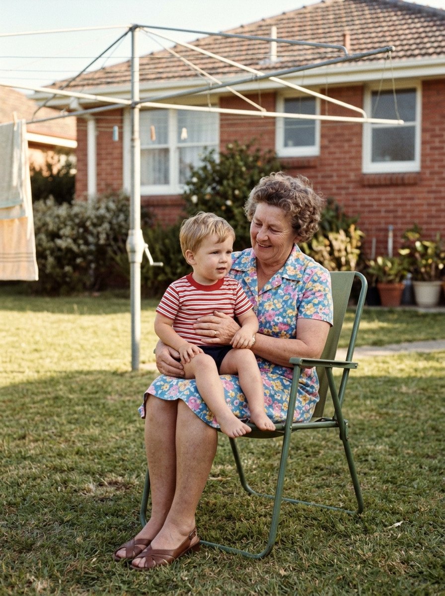 The same 1970s snapshot restored to natural colour: grandmother in a floral dress with her grandson on a backyard lawn, clothesline behind