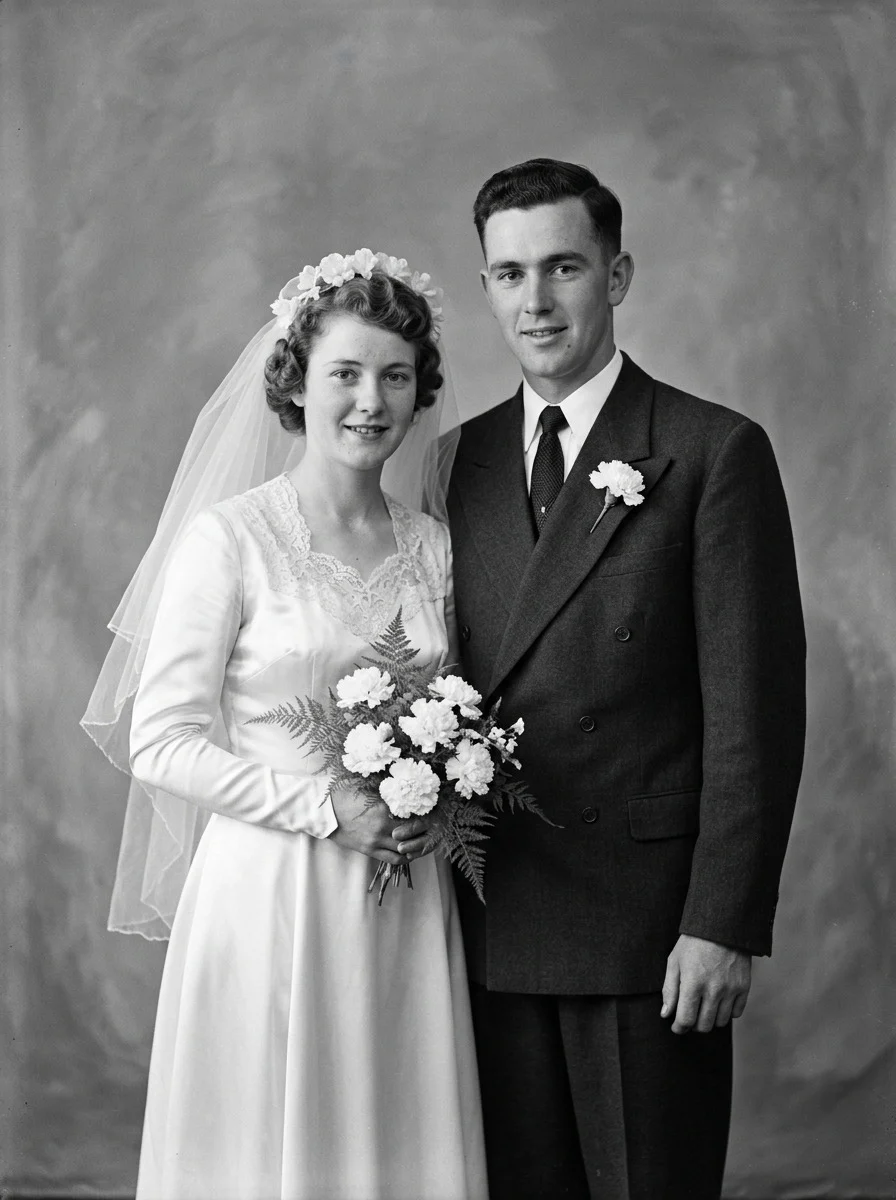 A 1950s black-and-white wedding portrait of a bride and groom (demonstration restoration)