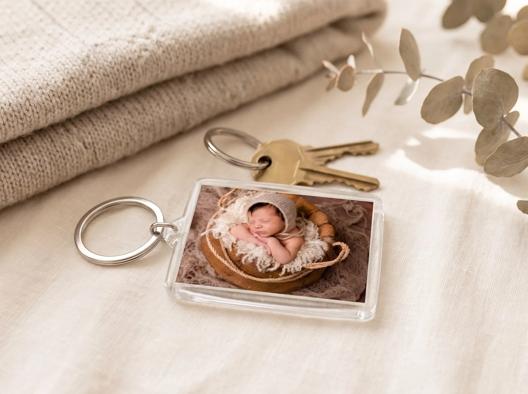 A clear acrylic Faithful Photography keyring with a newborn image sealed inside, resting on linen beside a set of keys