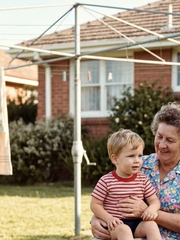 Before: a backyard photograph with a clothesline behind the family