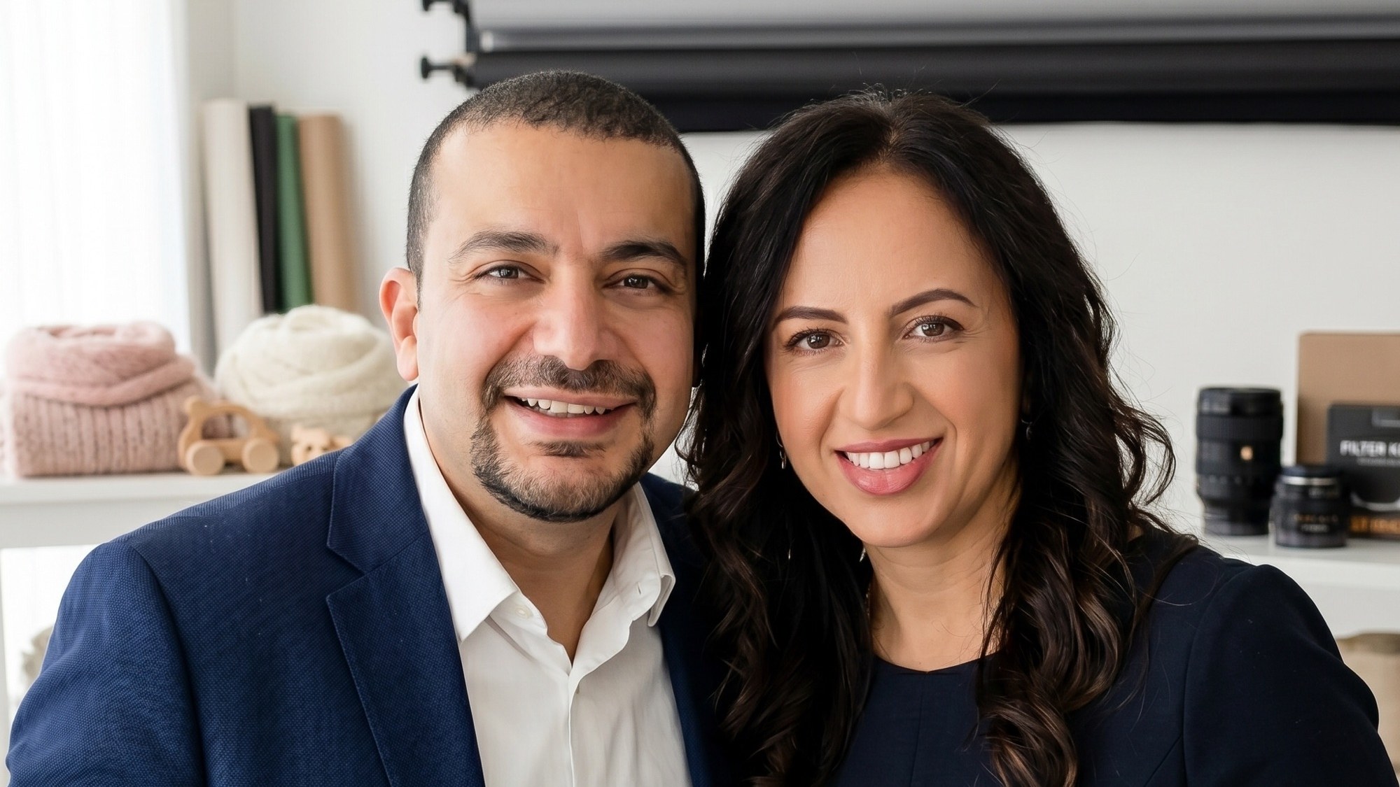 Bearded man and dark-haired woman smiling together in a cosy studio lined with camera lenses, rolled textiles and wooden toys